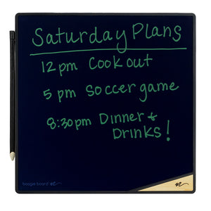 VersaTiles™ Memo Board Onyx front view with stylus attached and writing on screen